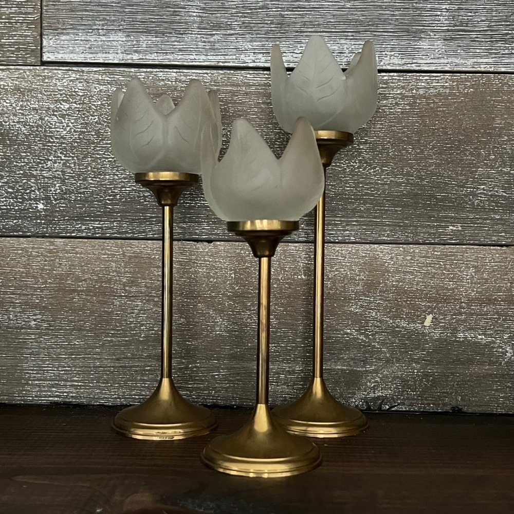 Vintage Brass Frosted Glass Tulip Candle Holders Set of 3 Gold Hollywood Regency